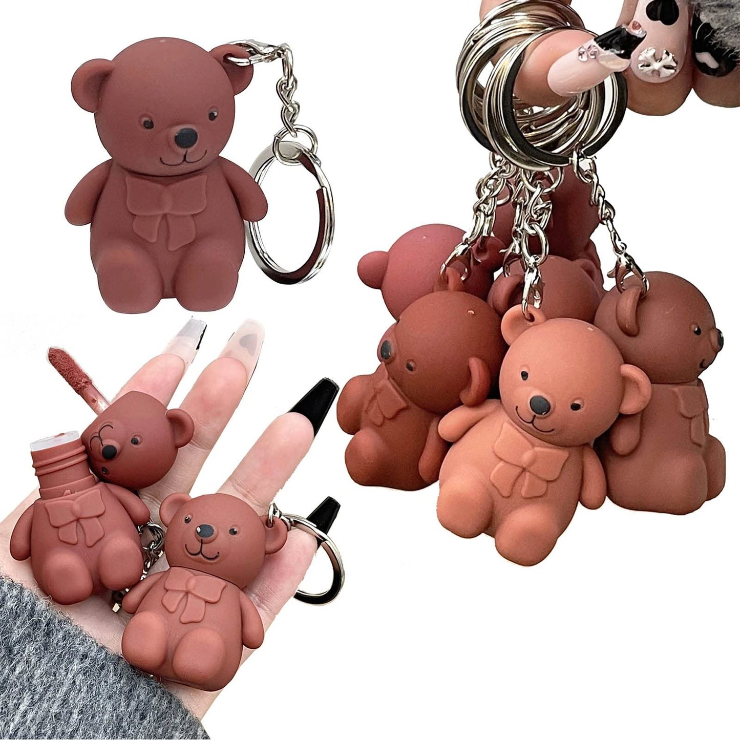 Grospe 2 in 1 Keychain Bear Lipsticks Velvet Matte Lipstick Long Lasting Waterproof Lip Gloss Cute 2 in 1 Key Chain Bear Lipstick Lip Mud Nice Gift for Girls Women - C(6 colors)