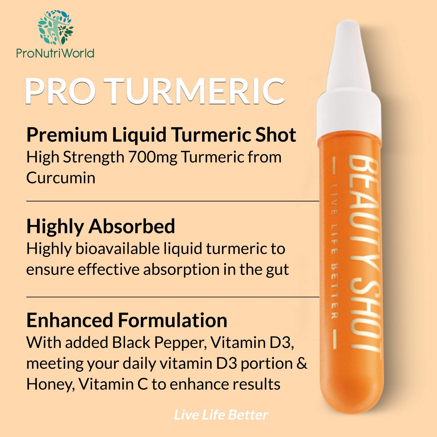 ProNutriWorld Vitamin D Turmeric Shots (20x10ml) 700mg Curcumin with Black Pepper, 20ug of Vitamin D3, Daily Defence, 3X Higher Absorption, Natural Ingredients, No Added Sugar