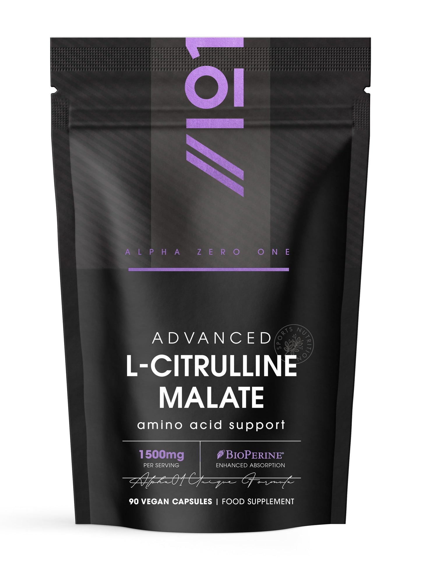 ALPHA01 L-Citrulline Malate 1500mg with BioPerine® - 90 Capsules (V) - High Strength Fermented Amino Acid Supplement - 45 Day Supply - by Alpha01