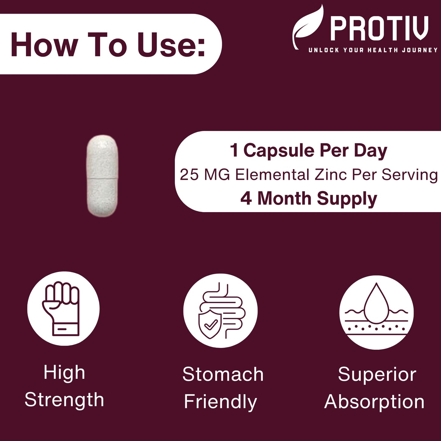Protiv Zinc 15mg 120 Capsules - Essential Mineral Supplement for Immune System Support and Skin, Hair & Nail Care