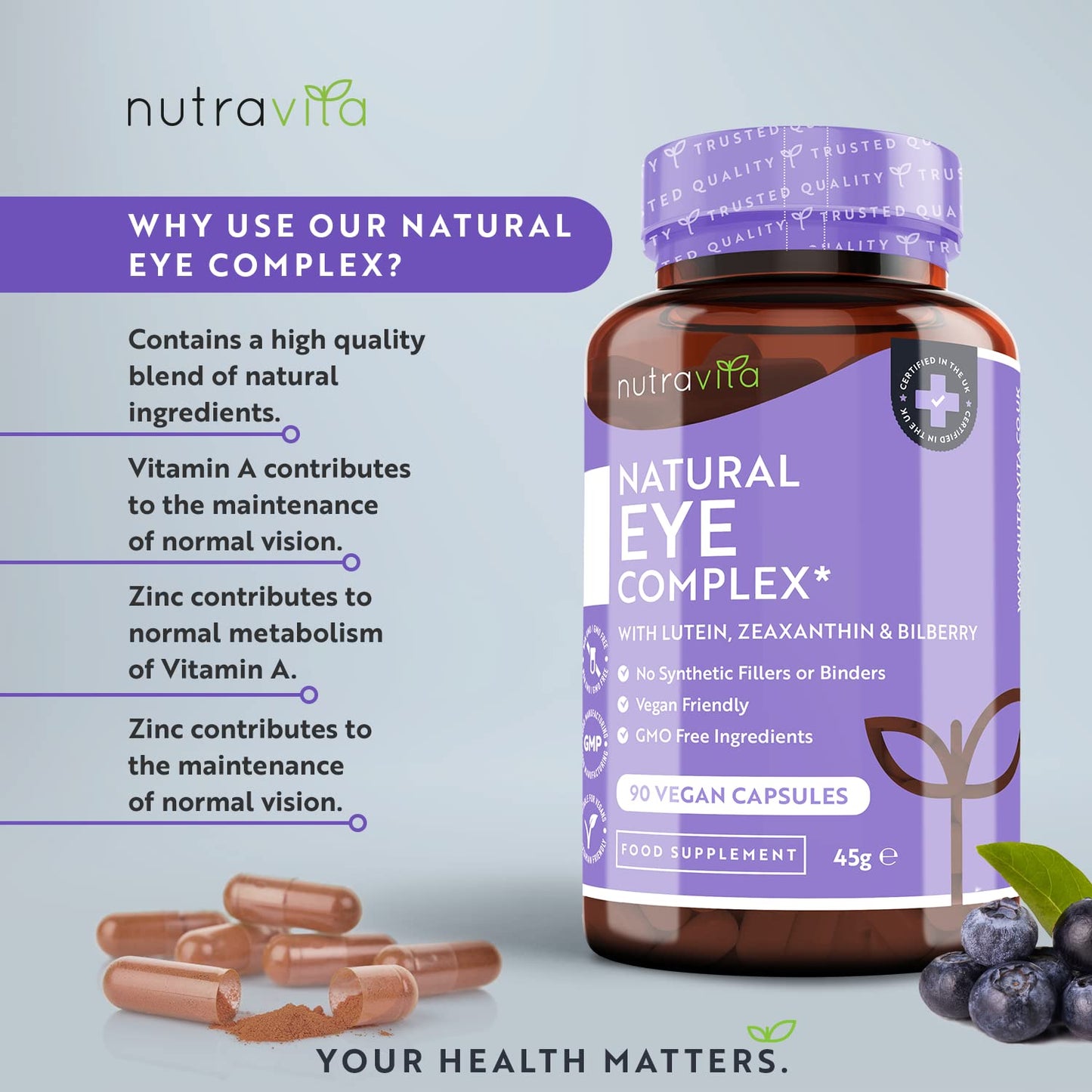 Lutein Natural Eye Supplement – 90 Vegan Capsules - Zeaxanthin, Meso Zeaxanthin, Bilberry Extract, Vitamins A, B12 & Zinc – for Maintenance of Normal Vision – Made in The UK by Nutravita
