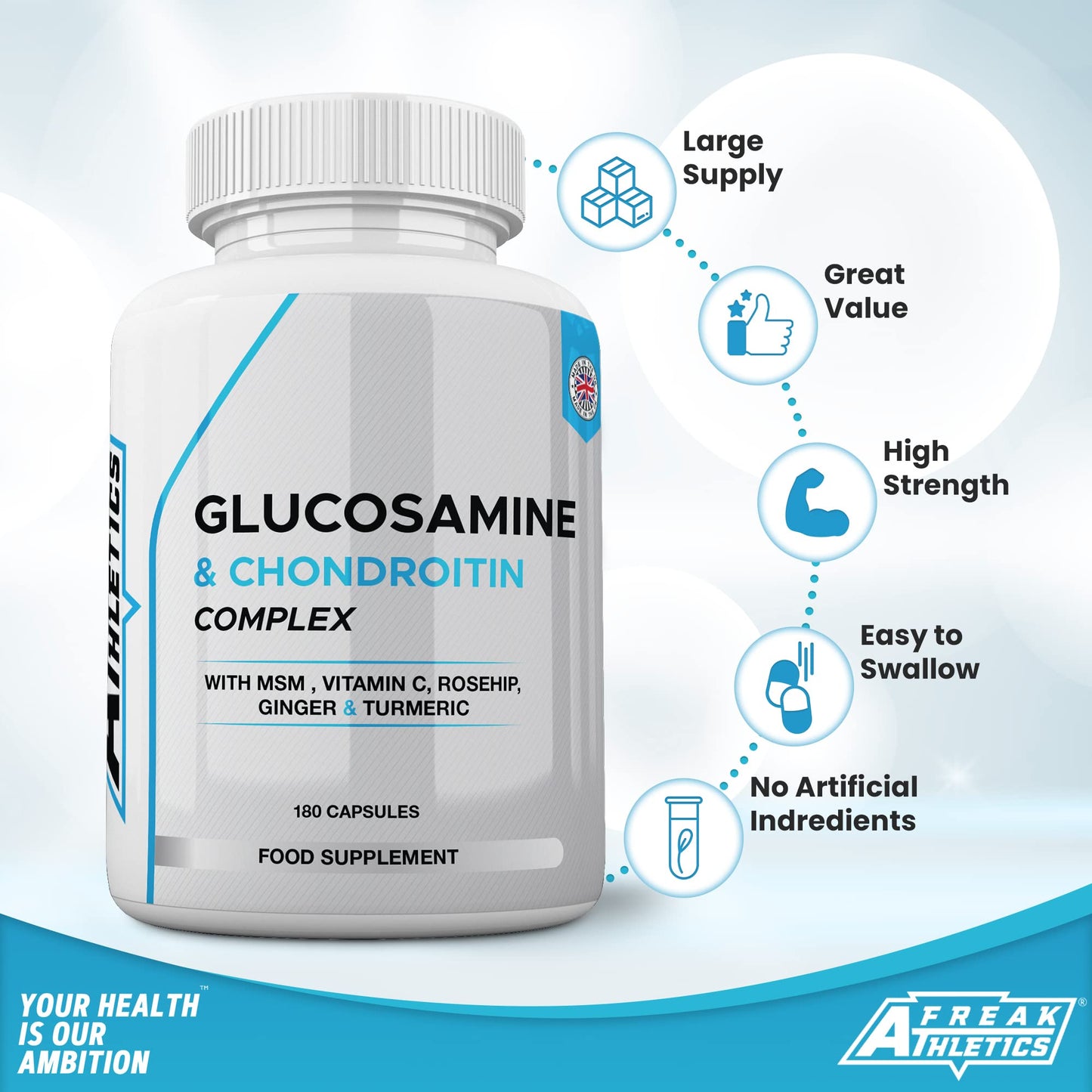 Freak Athletics Glucosamine and Chondroitin High Strength Complex - with MSM, Rosehip, Ginger & Turmeric