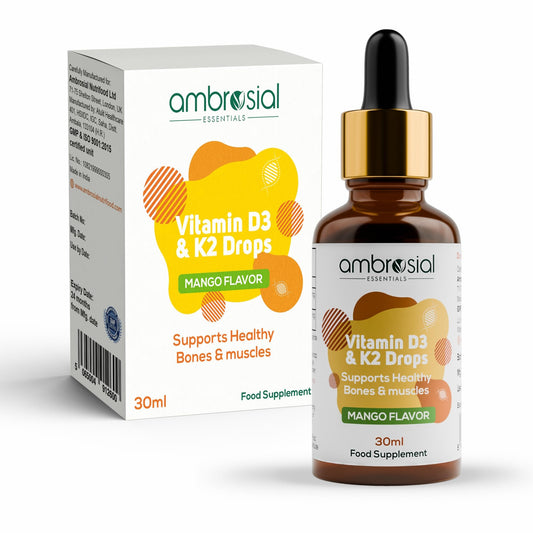 AMBROSIAL Ambrosial Vitamin D3 K2 Drops Liquid Supplement for Adults & Kids | Mango Flavor High Strength Vitamin D Liquid 500 IU & Vitamin K2 50 mcg PER Drop (Pack of 1-30 ml)