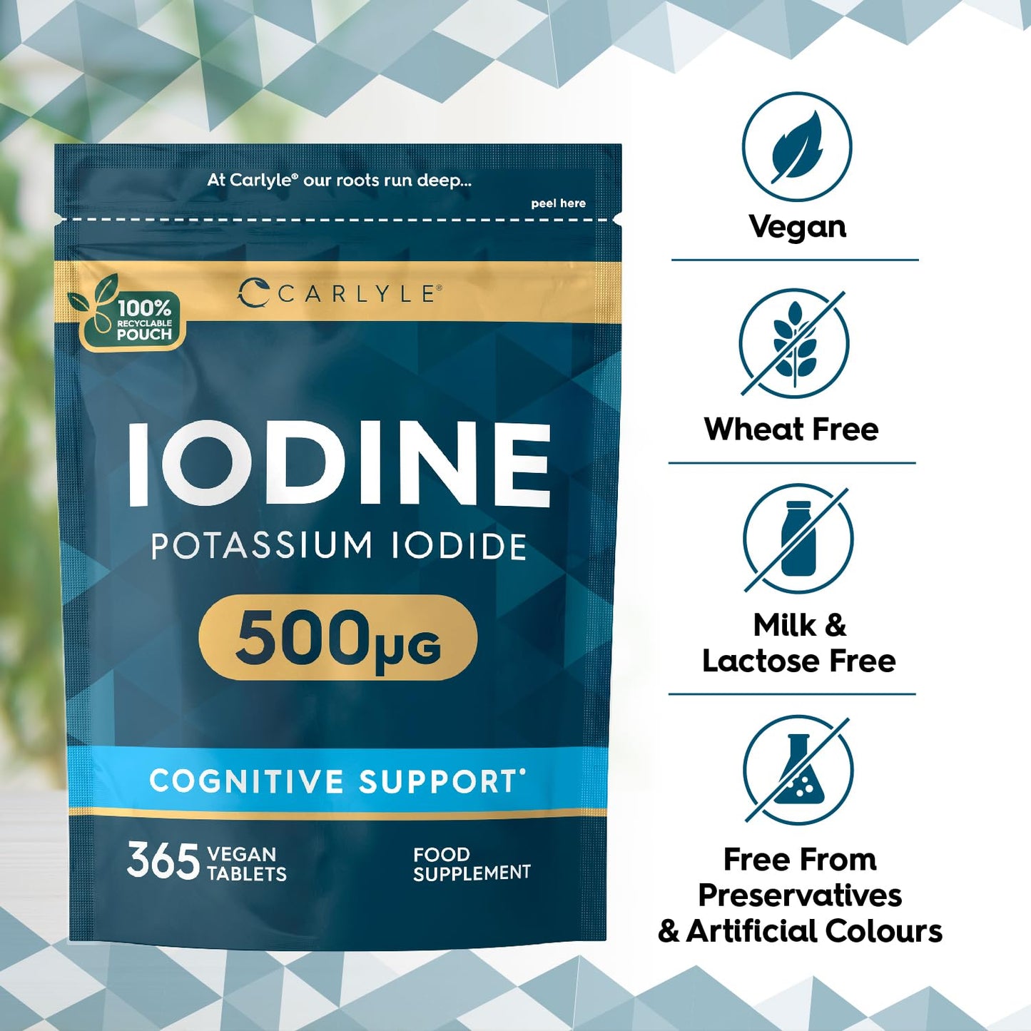 Iodine Tablets 500mcg | High Strength Iodine Supplement | 365 Vegan Tablets | by Carlyle
