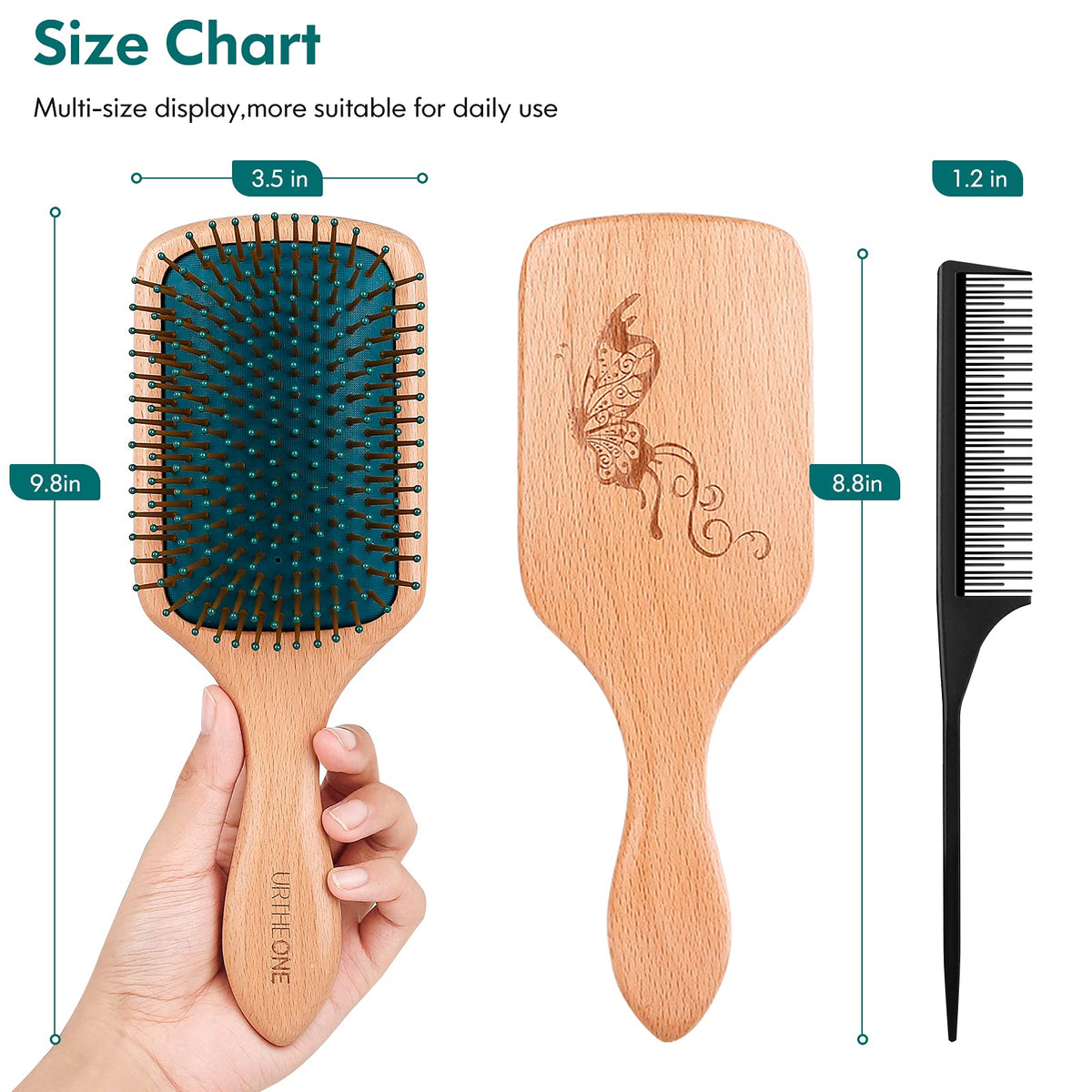 URTHEONE Hair Brush Natural Wooden Hair Brushes for Women Men and Kids, Eco Friendly Paddle Hairbrush for Curly Think Thin Fine Stright Long Hair Make Hair Health and Massage Scalp