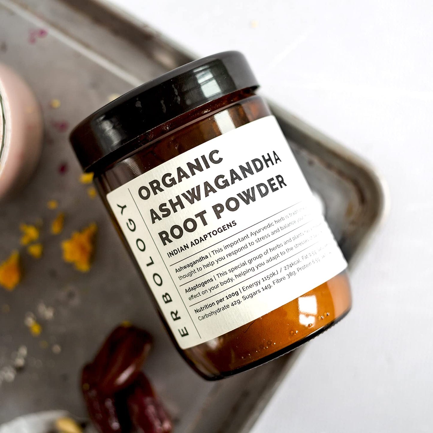 Erbology 100% Organic Ashwagandha Powder 220g - Sleep Aid - Straight from Farm - Raw, Vegan and Gluten-Free - Non-GMO - No Additives or Preservatives - Recyclable Glass Jar