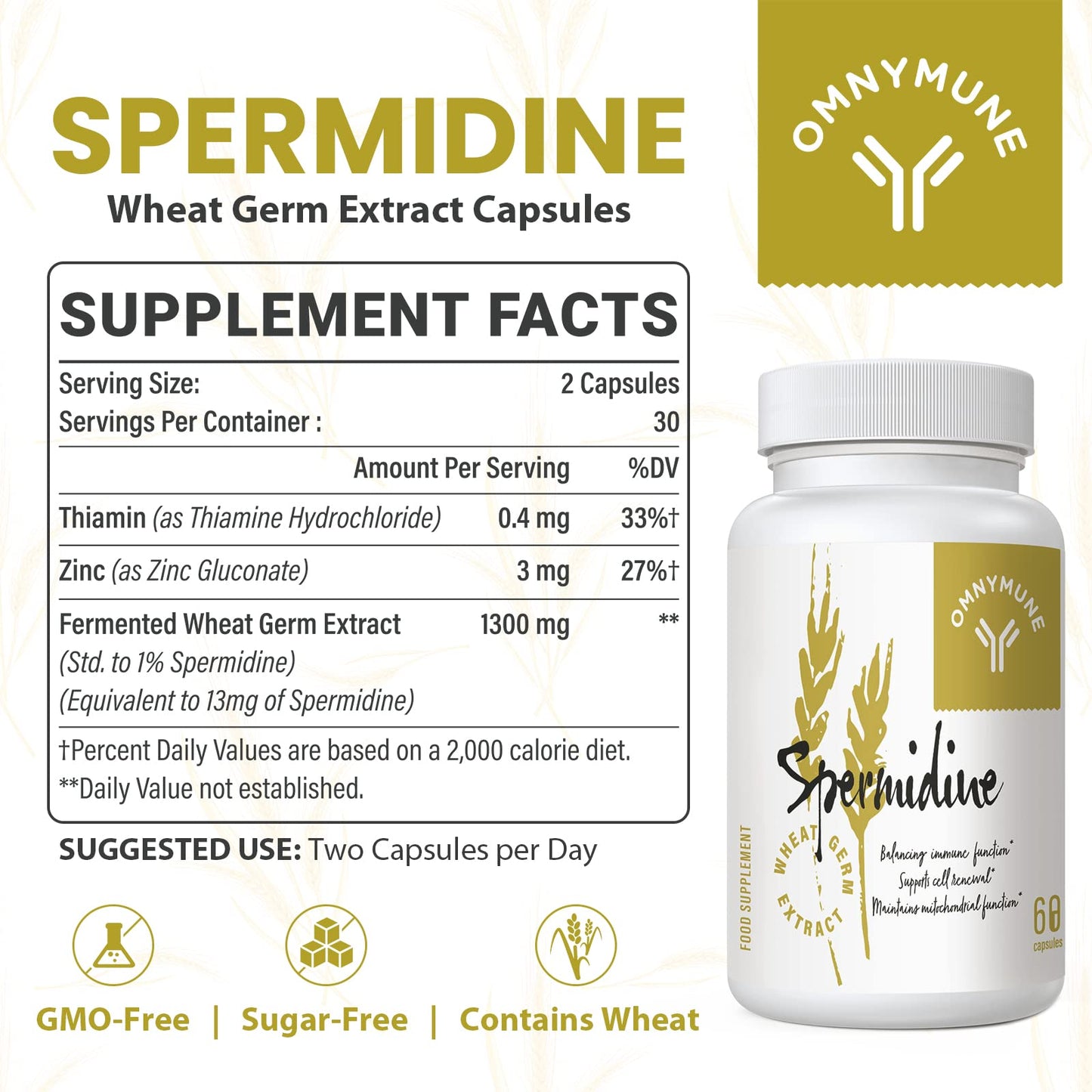 Spermidine Wheat Germ Extract Capsules - Spermidine Supplement 1300 mg Advanced Formula with Zinc for Mitochondrial Rescue, Immune System and Cell Renewal (60 Count (Pack of 1))