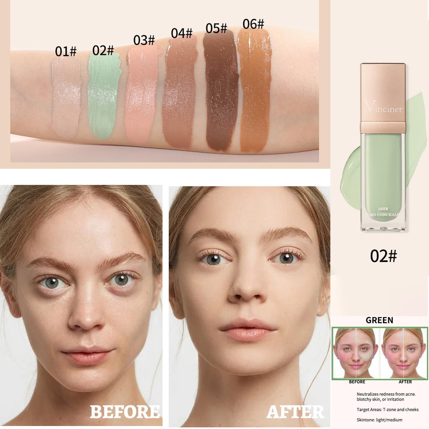 HAORQEE Green Concealer for Redness, Colour Corrector Liquid Concealer, Hydrating Concealer for Dark Circle, Redness, Dullness, Long Lasting Full Coverage Concealer Face Brightener Foundation Liquid Stick