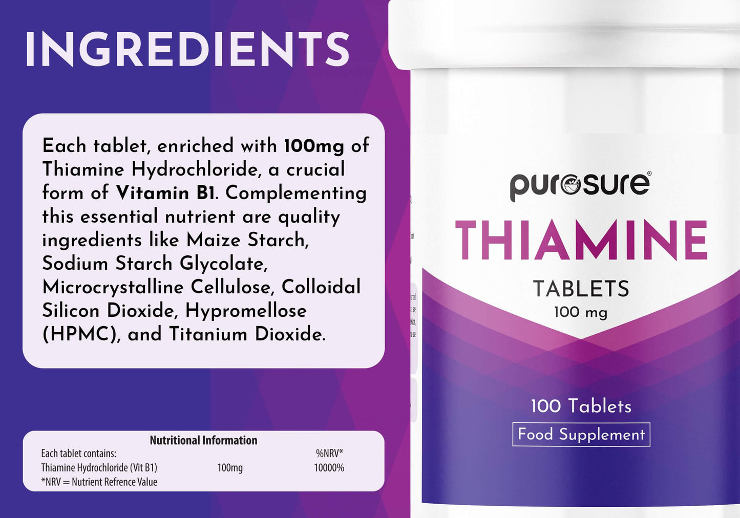 PuroSure Vitamin B1 Thiamine 100mg Tablets – Pack of 100 - for Heart, Immune and Psychological Function & Energy Release