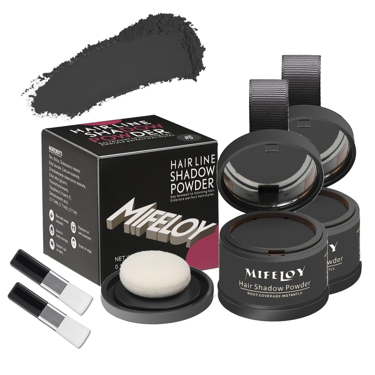 Mifeloy MIFELOY 2 Set Root Cover Up Powder, Black, Touch Up Hair Color for Grey, Instantly Coverage Dye for Thinning Grays Hairline, Roots Concealer for Beard Line Eyebrow, Shadow Conceals Hair Loss