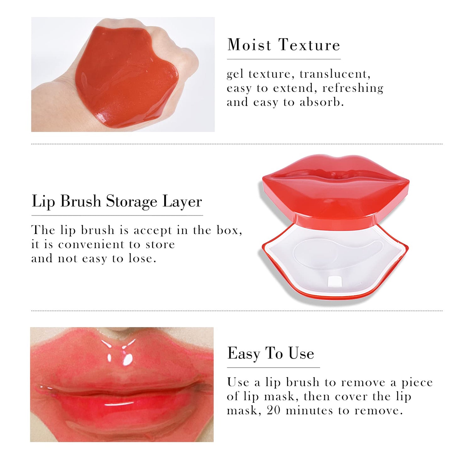 KYDA 20Pcs Moisturizing Lip Mask Set, Collagen Lip Sleep Mask Reduces Lip Lines and Natural Moisture Lip Mask Patches,Effectively Anti-Wrinkle and Nourish The Lip Skin Nourishes Lip Care Pad (B- Red)