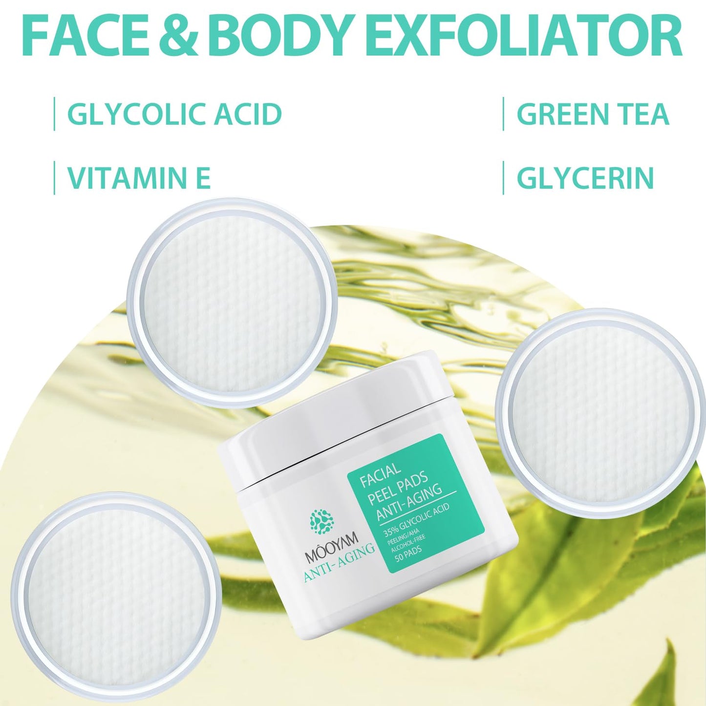 IREV Glycolic Acid Resurfacing Pads 35% for Face and Body- Exfoliating Facial Peel with Vitamins B5, C & E, Green Tea - Glycolic Acid Face Wash for Cleansing Peeling 50 Pads