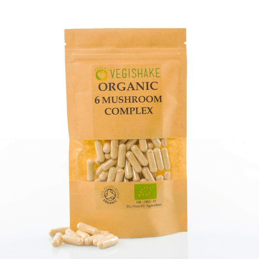 vegishake Organic 6 Mushroom Complex Extracts - Chaga Cordyceps Shiitake Reishi Lions Mane Maitake (60 Capsules)