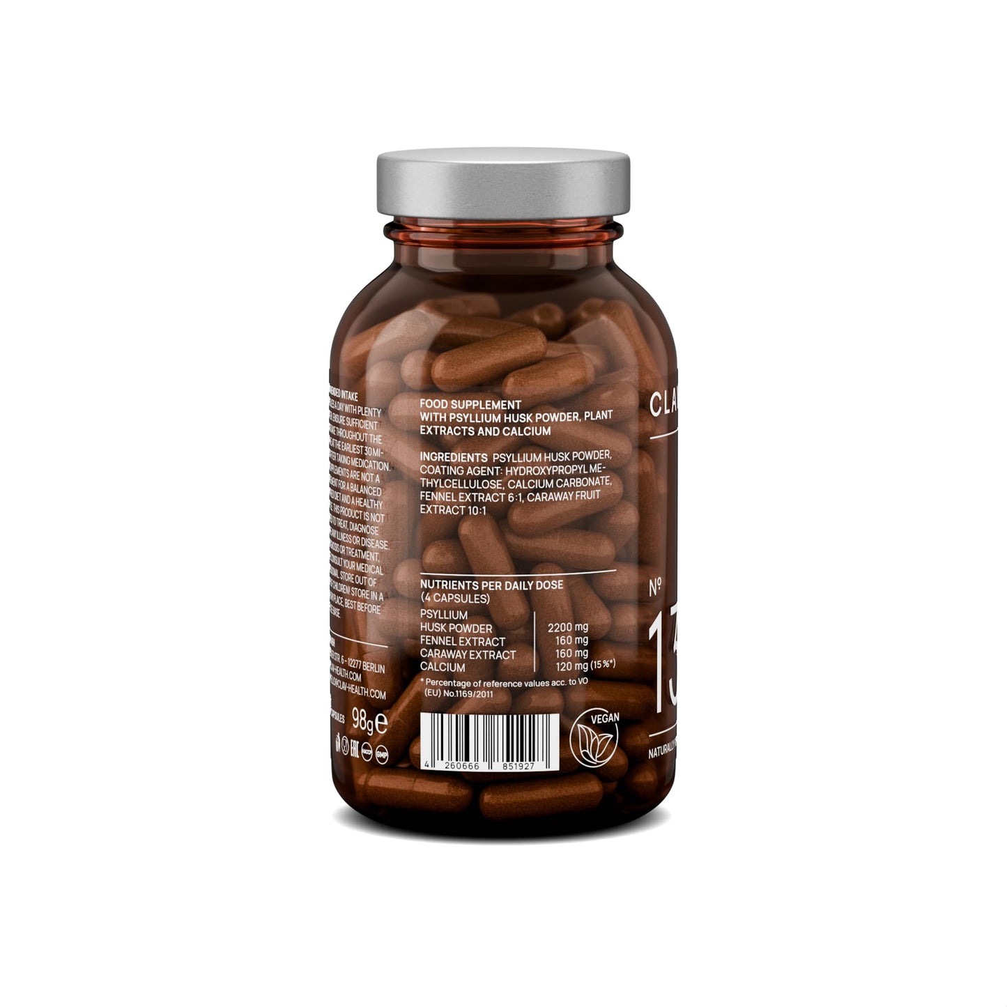 CLAV Psyllium Husks Capsules - 2200mg Soluble Fibre Supplement per Serving - Colon Complex with Fennel, Caraway Extract & Calcium - 120 Vegan Capsules - Made in Germany