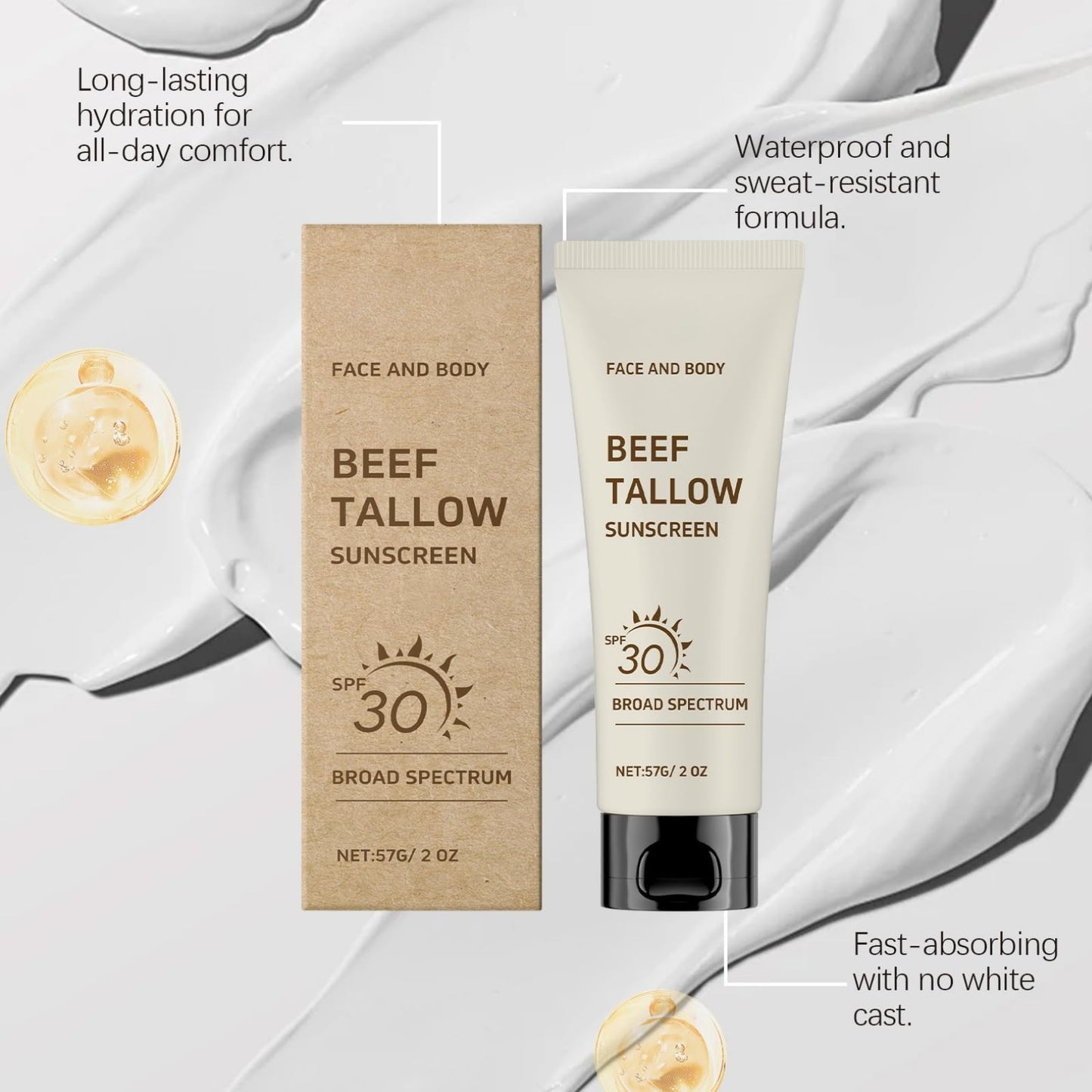 Trendyfave Grass-Fed Tallow Sunscreen Spf 30, Organic Face Sun Cream, Suncream Instant Sun Protection, Spf 30 Tallow Face Moisturiser, Non-Greasy, Reef-Safe Formula For FacE & Body | 57g Travel-Friendly