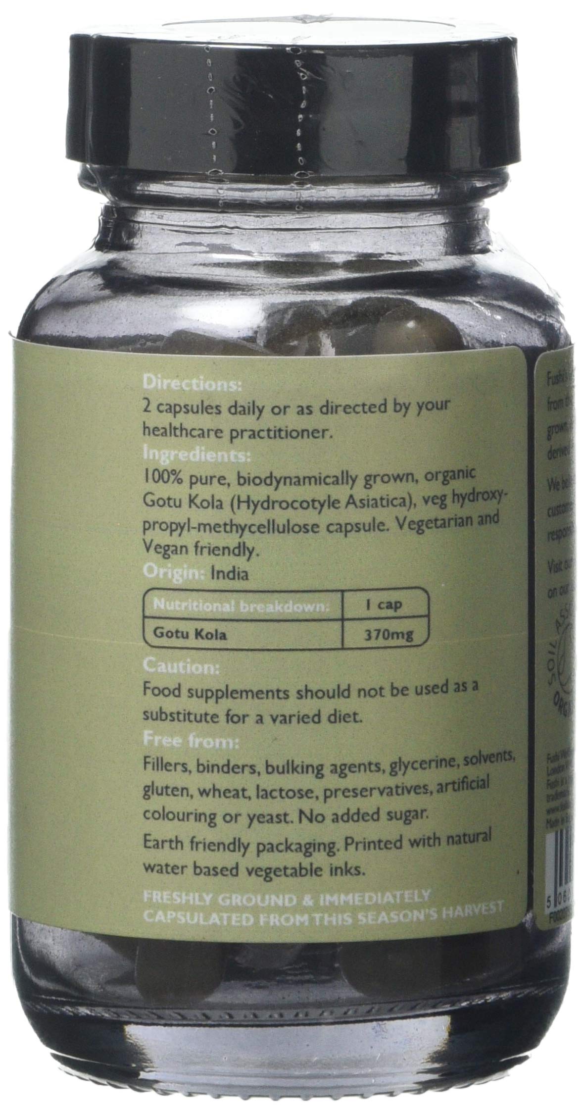 Fushi Organic Gotu Kola Capsules, 60 Caps | Fresh-Ground Whole Food | Ayurvedic Herb for Memory & Concentration | Helps Skin Problems, Varicose Veins & Wounds | Ethical & Vegan | Made in the UK