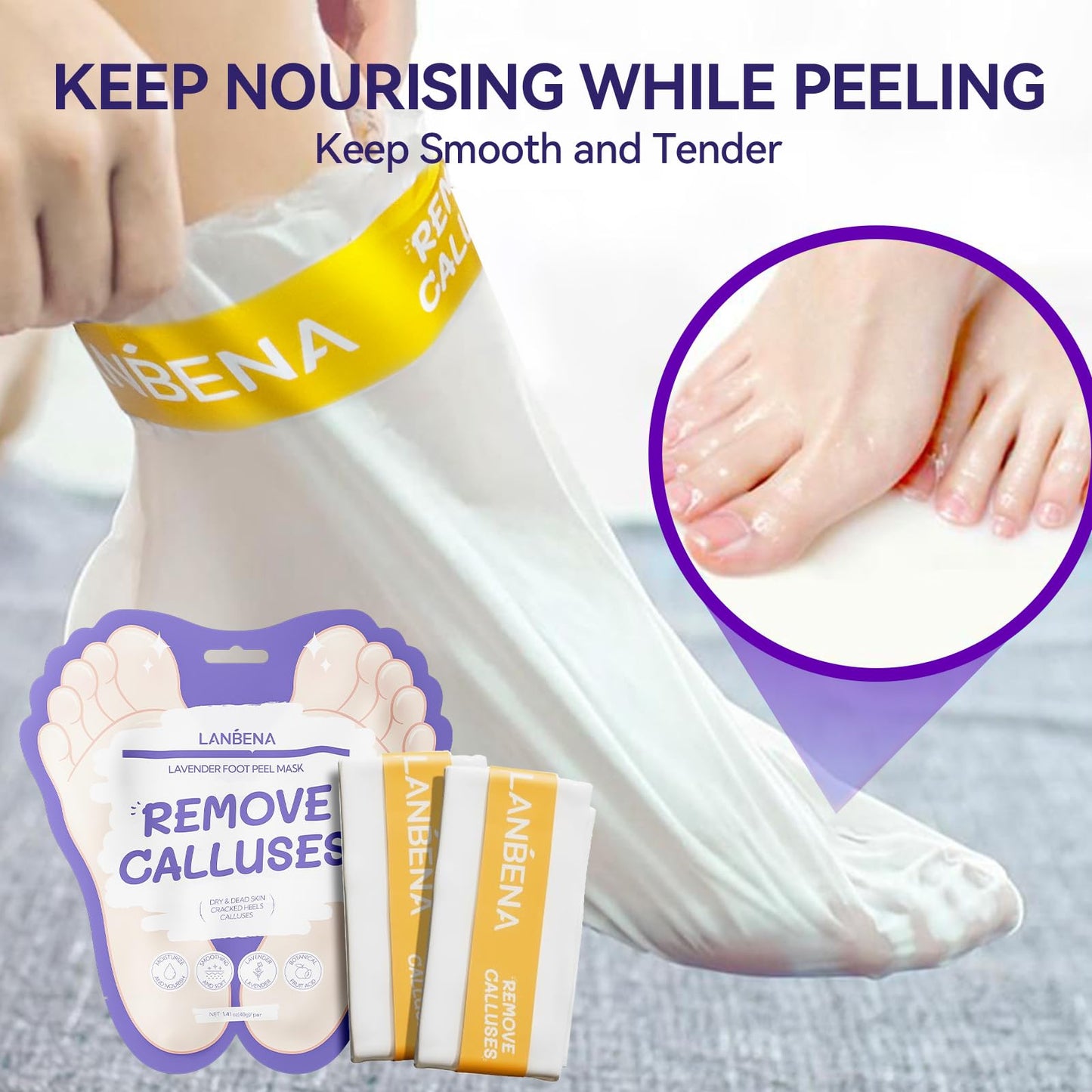 LANBENA Foot Peel Mask - 1 Pair Moisturizing and Exfoliating Foot Peeling Mask for Dry, Cracked Feet | Callus Remover | Skin - Friendly and Effective for Baby Soft Feet, Men and Women (Lavender)