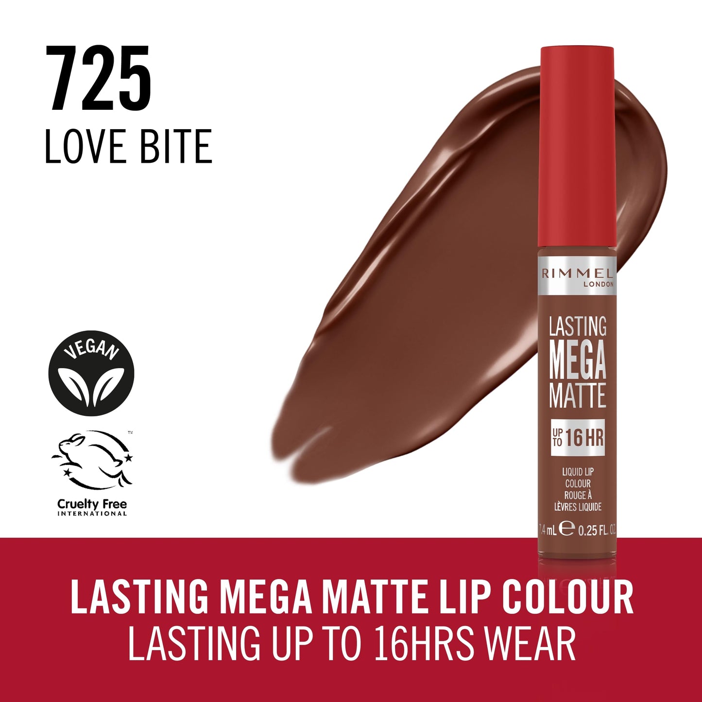 Rimmel London Lasting Mega Matte Liquid Lipstick, Long-Lasting, Hydrating, Vegan Formula - 725 - Love Bite, 7.4ml (0.25oz)