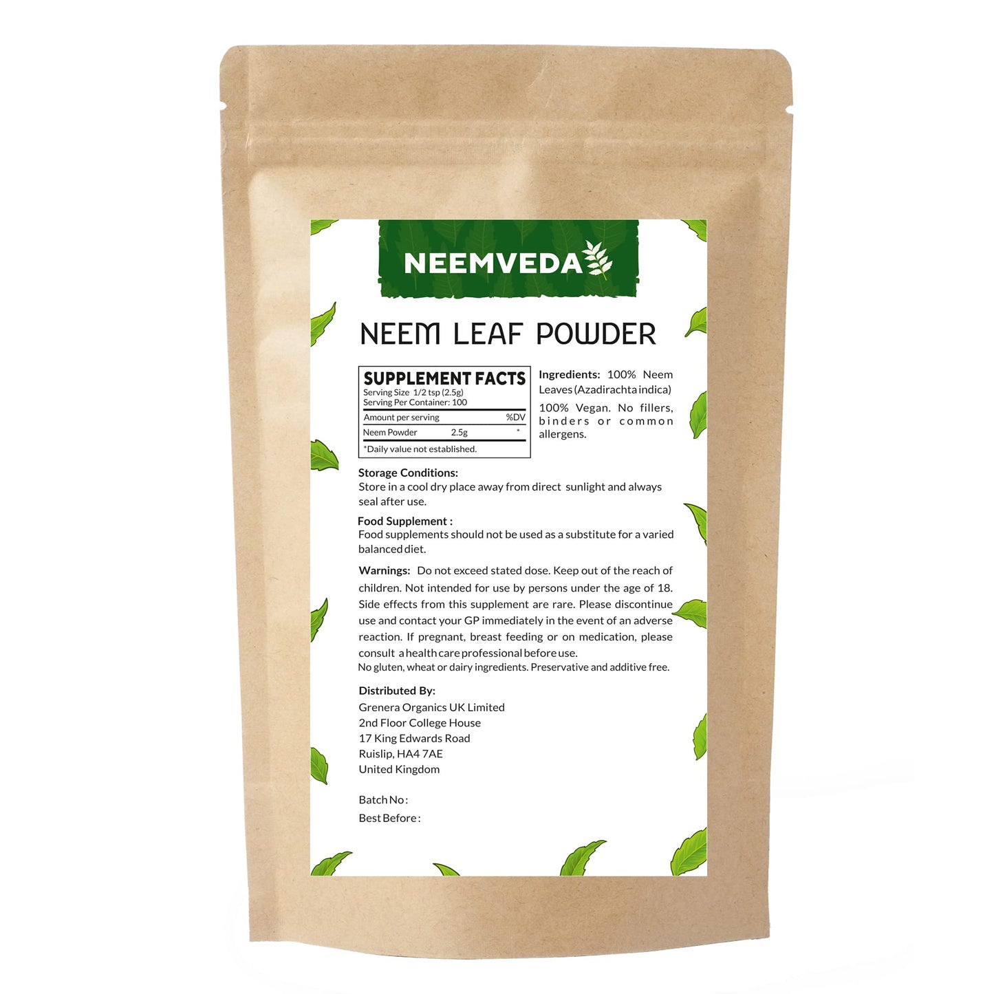 Neemveda Neem Leaf Powder 250 Grams (Azadirachta Indica) for Eating, Organically Grown, Premium Quality Neem Powder