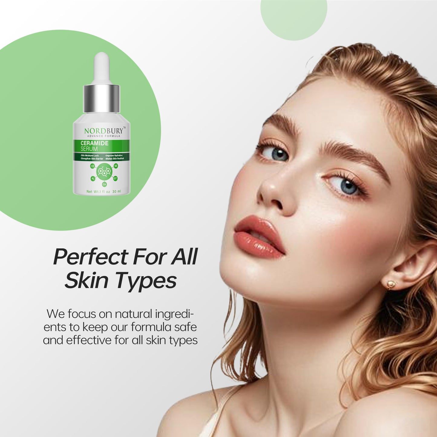 NORDBURY Ceramide Serum, 5X Ceramide with Panthenol Centella Aisatica Green Tea & Squalane, Skin Moisture Lock Strengthen Skin Barrier Improve Skin Hydration & Resilience Day and Night