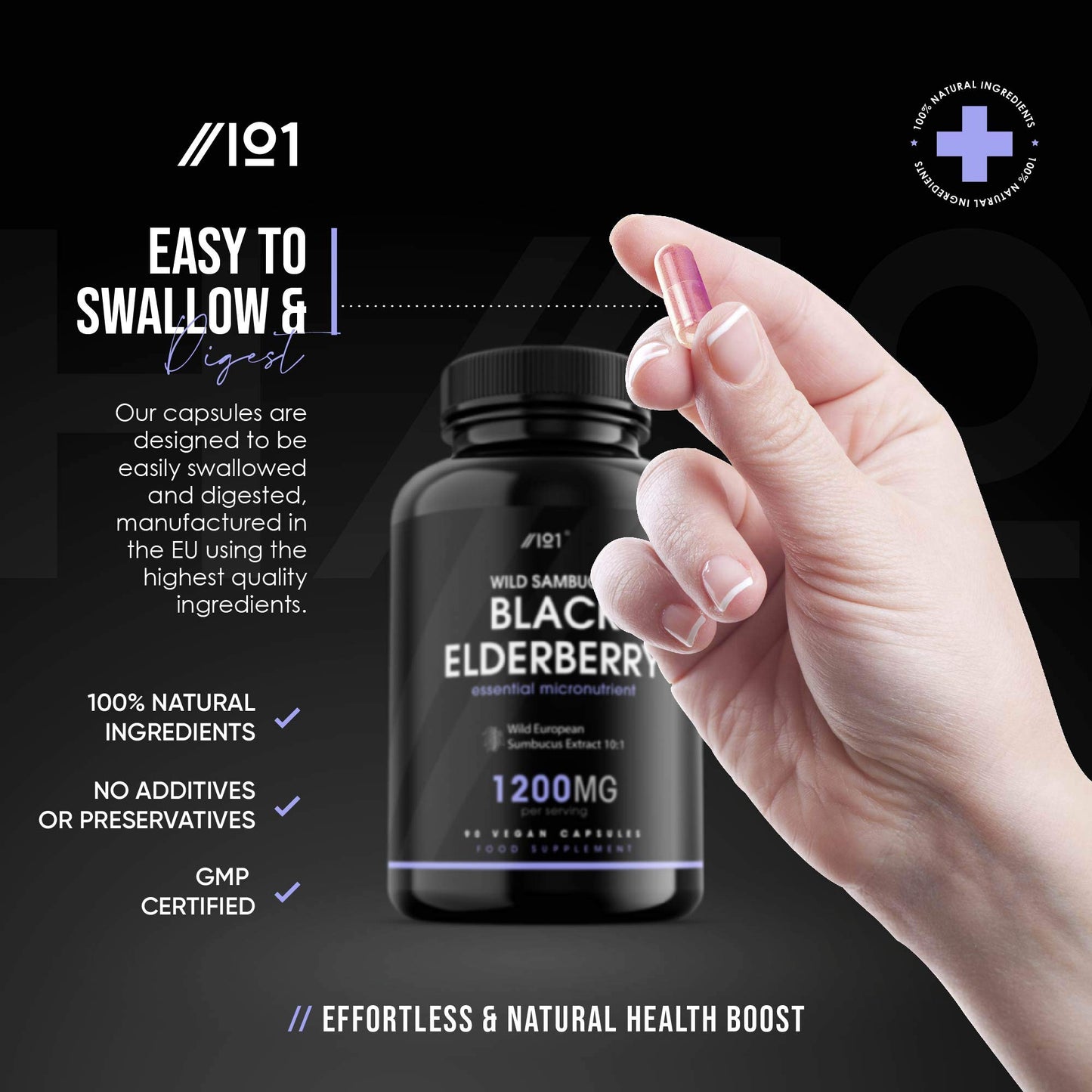 ALPHA01 Black Elderberry Extract Capsules - 1200mg - Wild European Sambucus Extract 10:1 for Immunity - Vegan, Non-GMO, Kosher, Gluten Free. 90 Vegan Capsules.