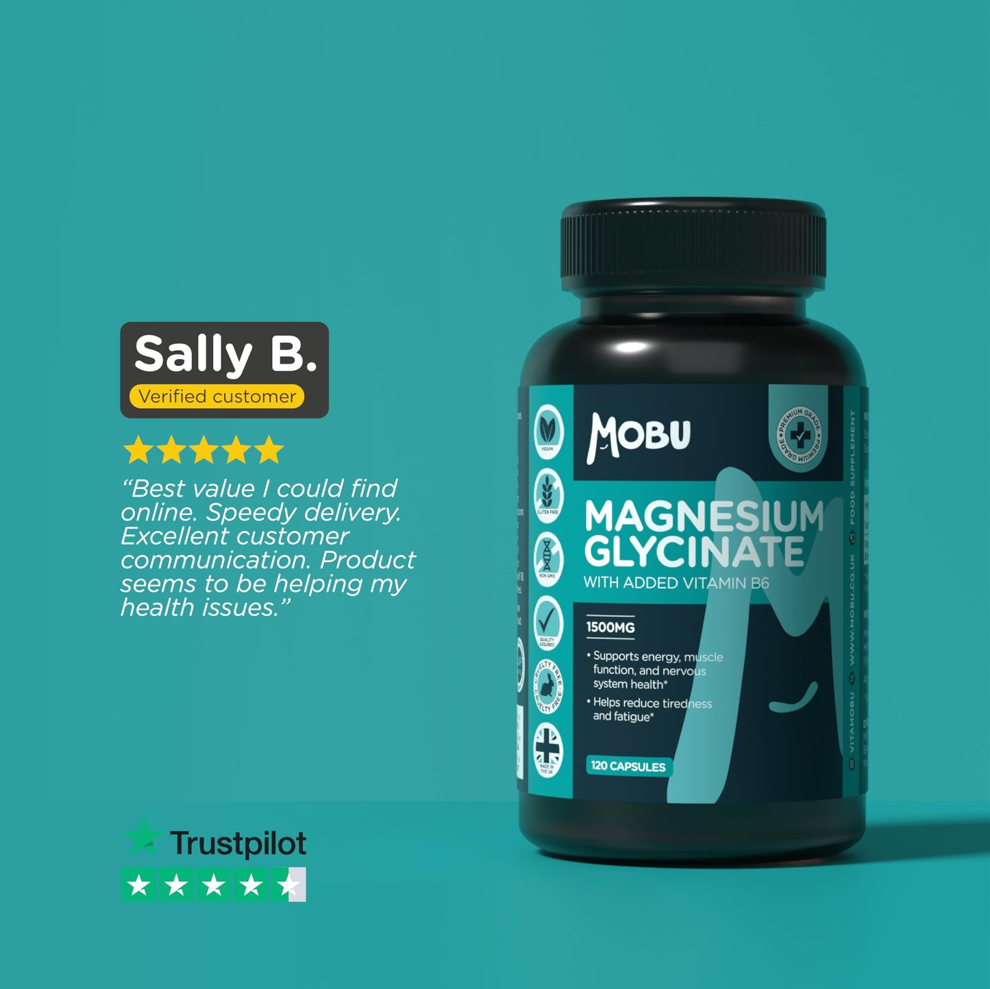 MOBU Magnesium Glycinate 1500mg with Vitamin B6 – 120 Vegan Capsules - High Strength - 315mg Elemental Magnesium - Pure with No Fillers or Binders UK Made