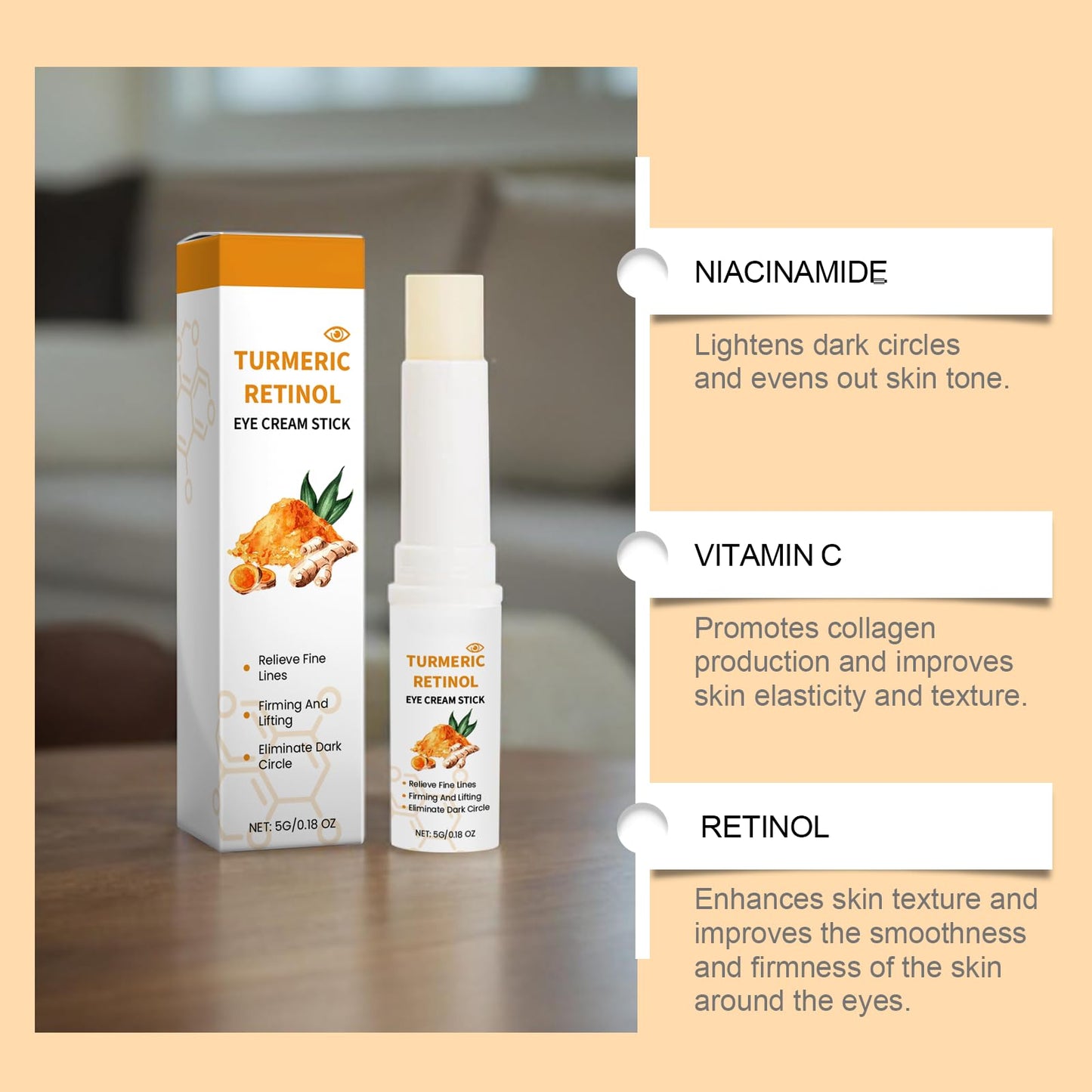 Turmeric Retinol Eye Stick, Under Eye Cream Stick for Dark Circles and Puffy Eyes, Anti Wrinkle Eye Cream to Smooth and Firm, Retinol Eye Cream Anti Aging, Turmeric Eye Cream Stick, 2PCS (2)