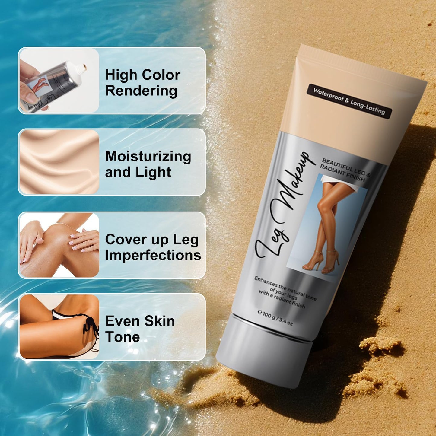 BoloShine Leg Makeup Waterproof, No Transfer Leg Make Up to Cover Veins, Body Scar Tattoo Cover Up, Long-Lasting, Light & Easy Application, Full Coverage Concealer for Women (Light Glow)