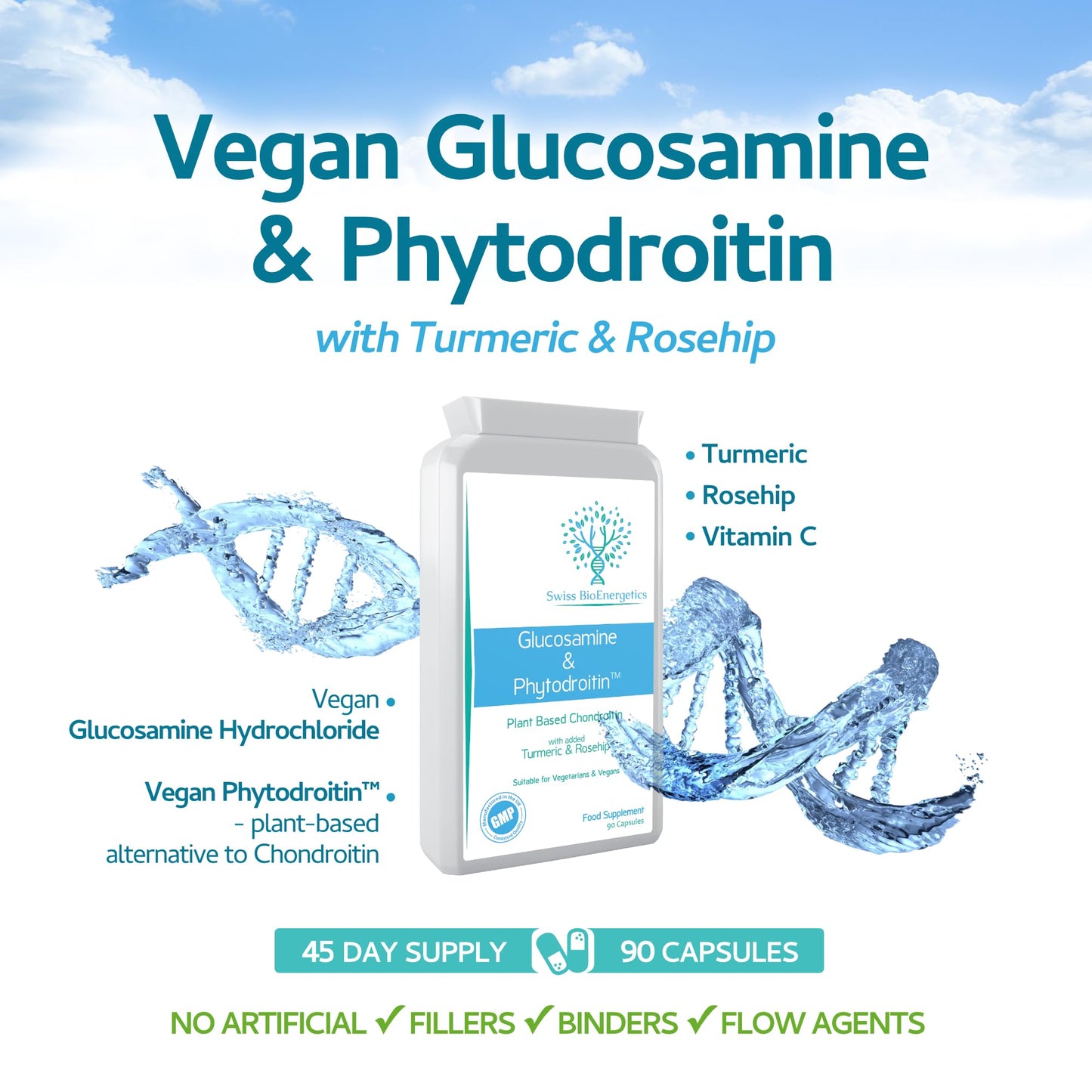 Vegan Glucosamine Phytodroitin Complex 90 Capsules - with Plant Based Chondroitin, Turmeric, Rosehip and Vitamin C to Support Cartilage and Bones - UK Made