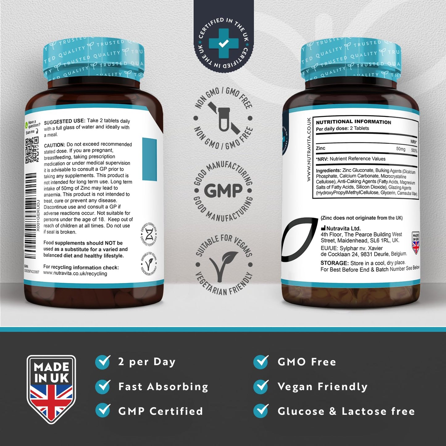 Zinc Tablets 50mg – 365 Vegan Tablets for 6 Months Supply – Zinc Supplement High Strength for Maintenance of Normal Immune System, Bones, Hair, Skin & Nails – Made in The UK by Nutravita