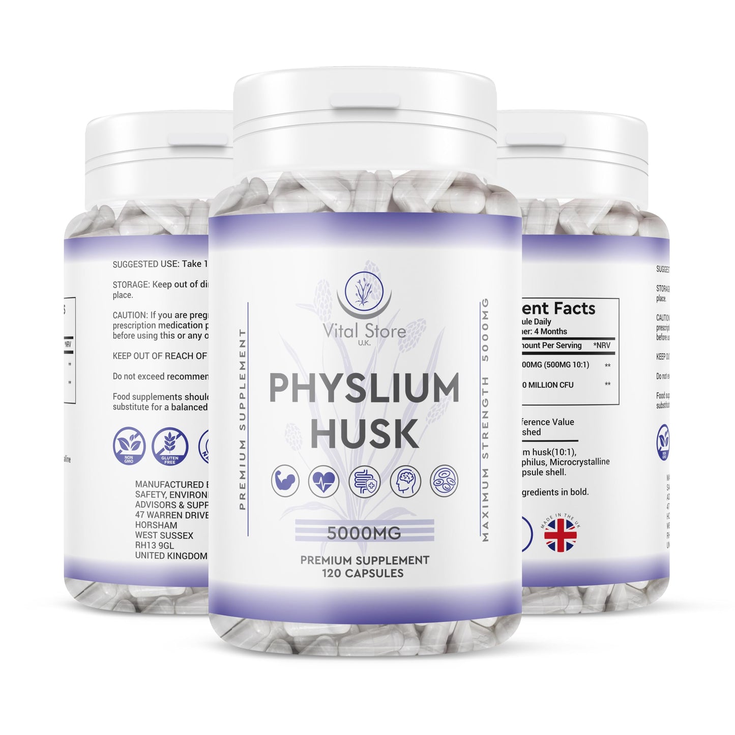 Physlium Husk 5000mg - 4 Month Supply 120 Capsules - Vegan Physlium Husk