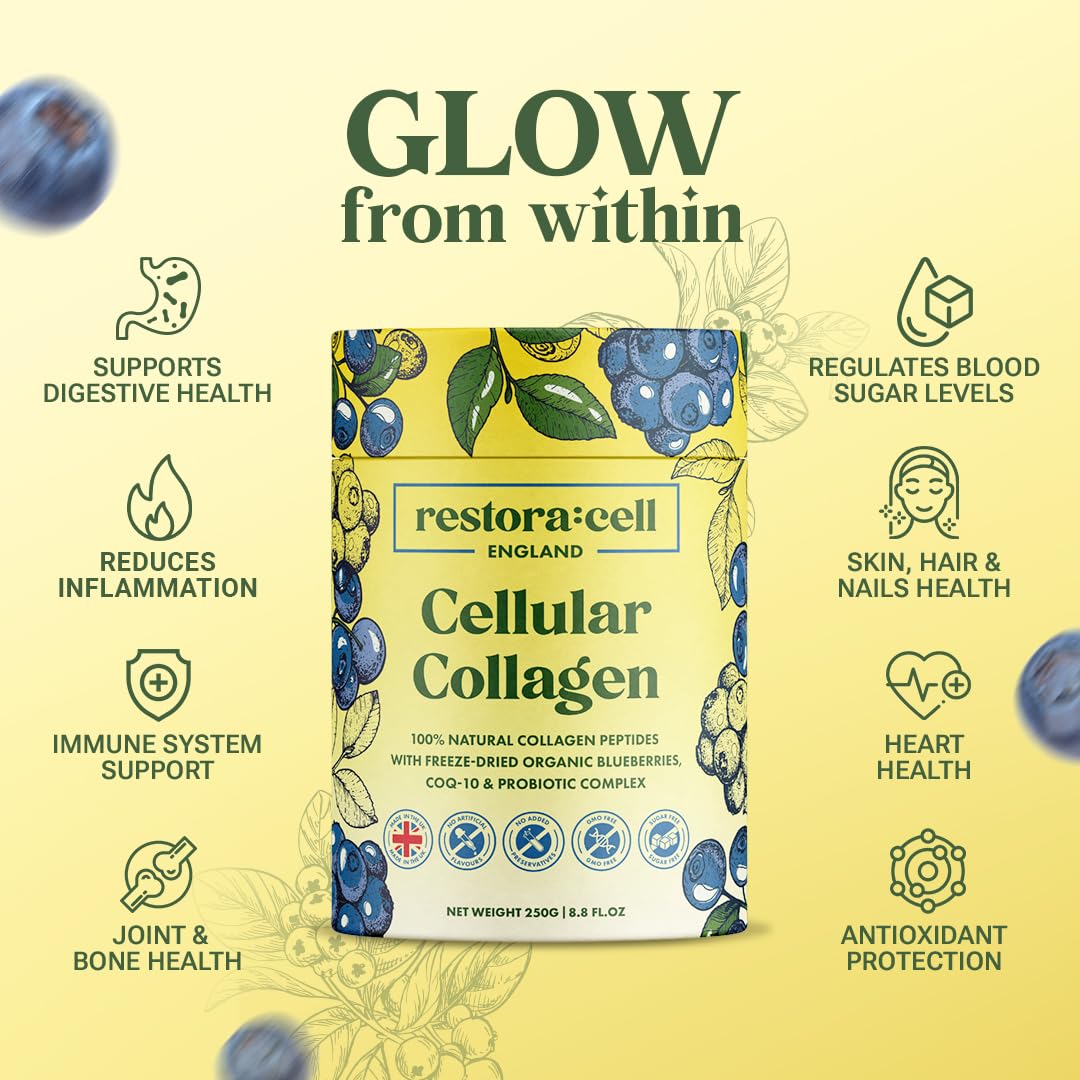 restora:cell Blueberry Cellular Collagen Powder Supplement 100% Natural Grass-fed Bovine Collagen Peptides with Vitamin C - 200 mg CoQ-10-20 Billion CFU Probiotic Blend - Paleo & Keto - 250g