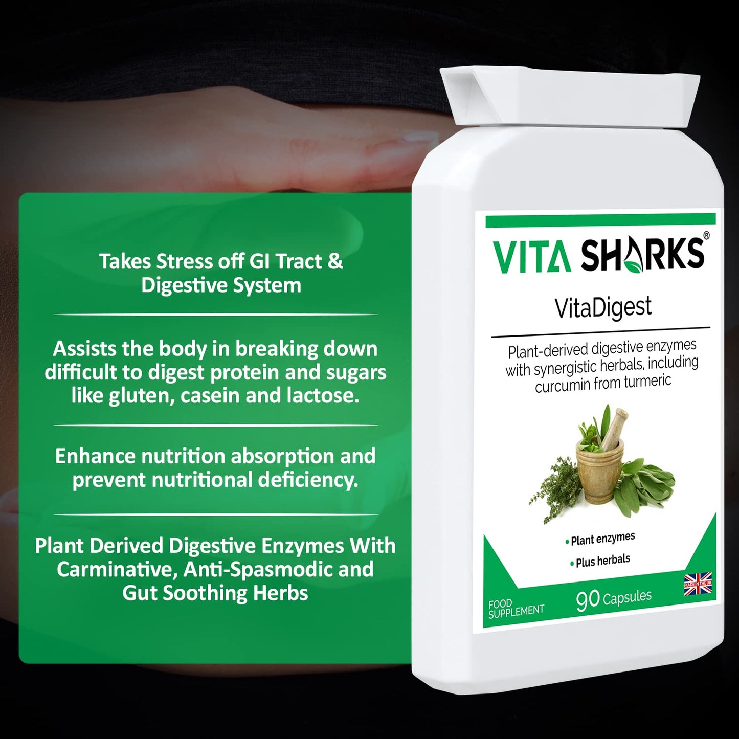 Vita Sharks VitaDigest Vegan 90 Capsules. Natural Gut Soothing Digestive Enzymes, Curcumin & Turmeric; for Gut Cleansing, Immunity & to Combat Bloating, Bowel & Digestion Issues