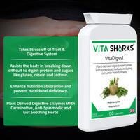 Vita Sharks VitaDigest Vegan 90 Capsules. Natural Gut Soothing Digestive Enzymes, Curcumin & Turmeric; for Gut Cleansing, Immunity & to Combat Bloating, Bowel & Digestion Issues