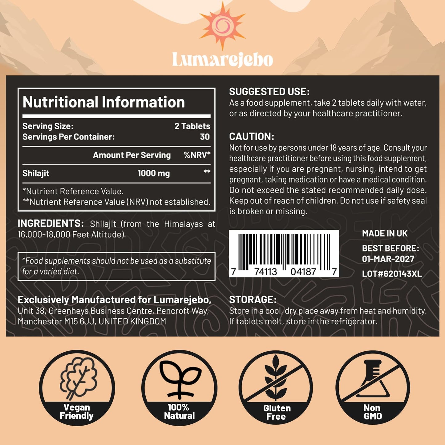 Lumarejebo Shilajit Tablets 30,000mg, 100% Pure Himalayan Shilajit Tablets (1000mg Per Serving), Rich in 85+ Trace Minerals & 60% Fulvic Acid, for Energy and Immune Support (120 Tablets)