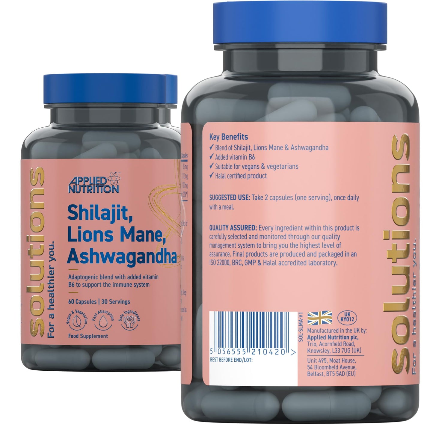 Applied Nutrition - Solutions - Shilajit, Lion’s Mane & Ashwagandha - High Strength Nootropic & Adaptogen Blend - Mental Clarity, Stress & Energy Support - 60 Capsules - 30 Servings