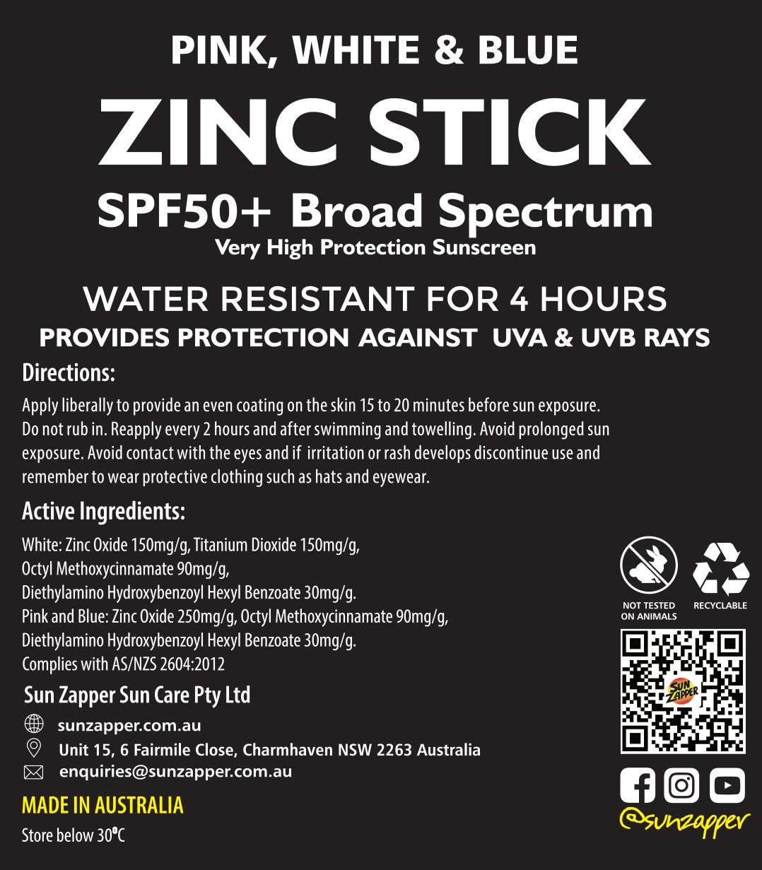 Zinc Sun Stick (Pink, White, Blue) 3-Pack Sunblock Sticks for Face SPF 50 Mineral Sunscreen - Sun Zapper Australian Natural Sunscreen