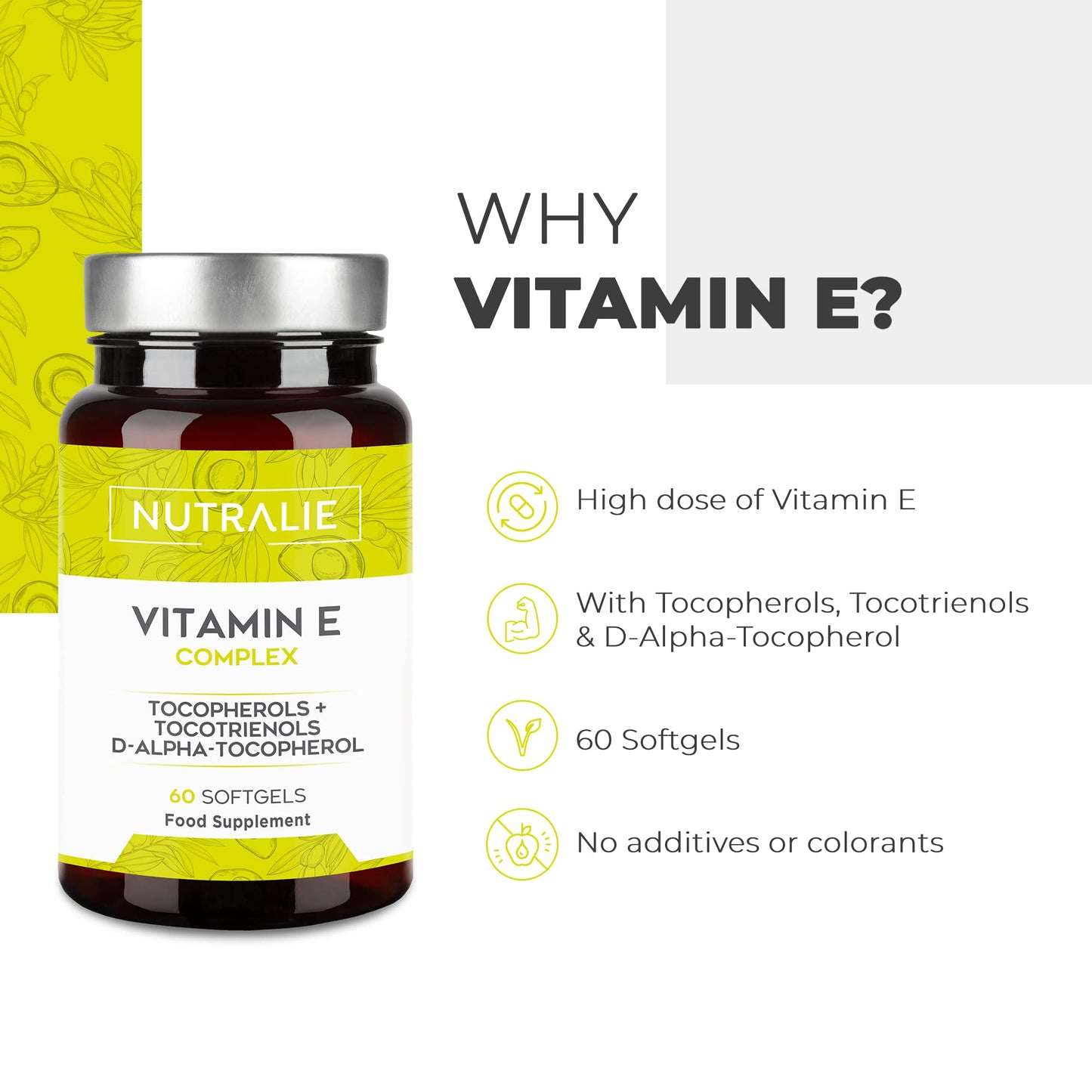 NUTRALIE Vitamin E Natural Source and Maximum Absorption | High Strength Antioxidant Cell Protection with 8 Molecules of Tocopherols and Tocotrienols | 60 Softgel Capsules Nutralie