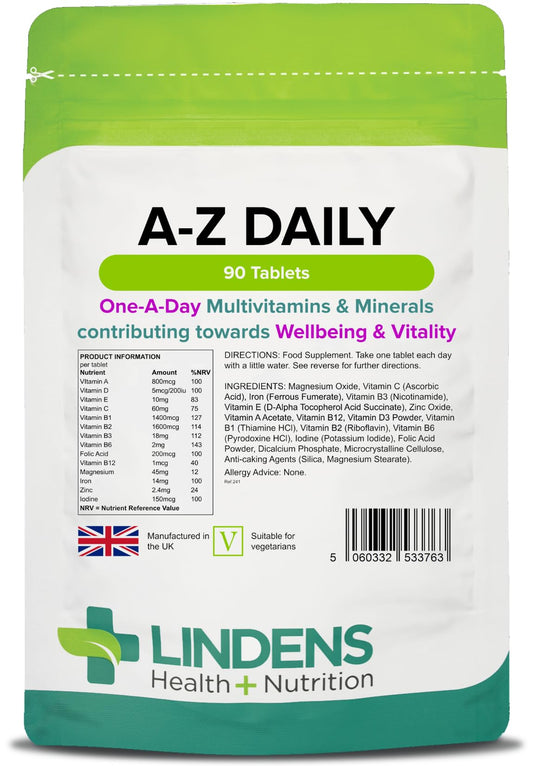 Lindens Multivitamin A-Z Daily Tablets - 90 Pack - Perfect Vitamin & Mineral Balance of Vitamin A, C, D, E, B1, B2, B3, B6, B12, Folic Acid, Magnesium, Iron, Zinc & Iodine - UK Manufacturer, Letterbox Friendly