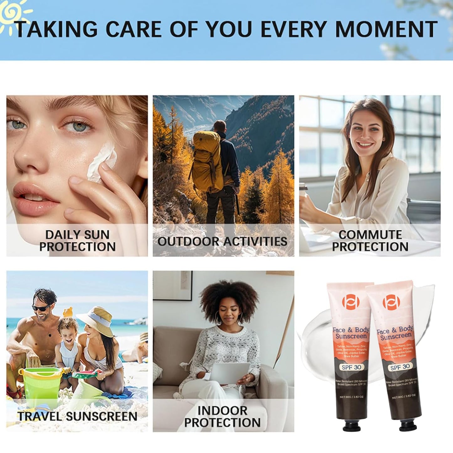 TBeautfave 2PCS Beef Tallow Sun Screen SPF 30, Natural Mineral Sunscreen SPF 30 - Natural Tallow & Zinc Oxide, Organic Sunscreen for Face & Body, Moisturizing Hydrating, No Sticky, Lightweight, 2PCS*80g