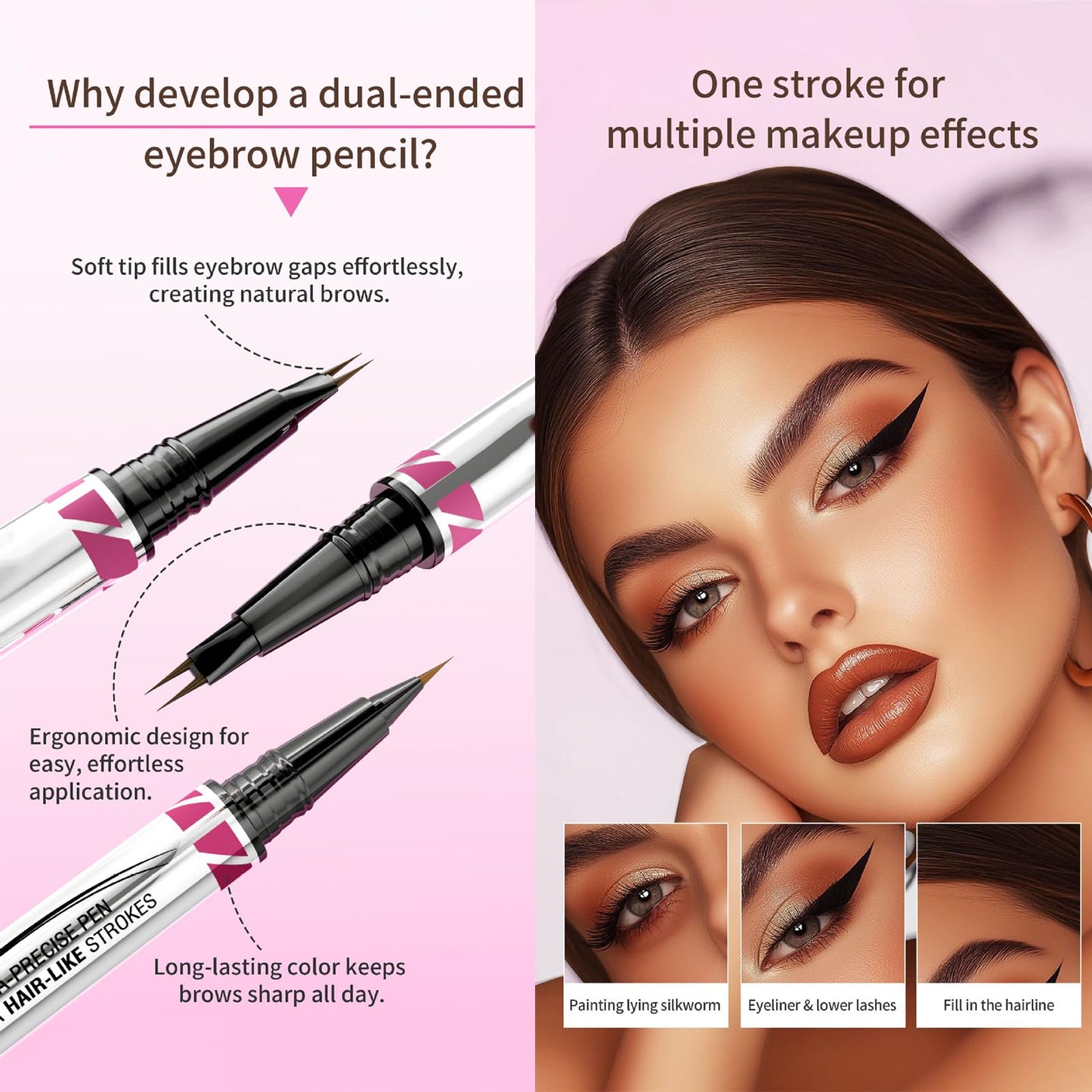 Generic Dual-End Design Microblading Eyebrow Pen with Blush, Natural Brows, Waterproof, Long-Lasting(Black Brown)