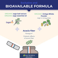 Memory Complex & Concentration - with Patented Cognivia Extract - Boosts Cerebral Performance - Ginkgo Biloba & Sage - Organic Focus - 90 Vegan Capsules - Nutrimea - Made in France