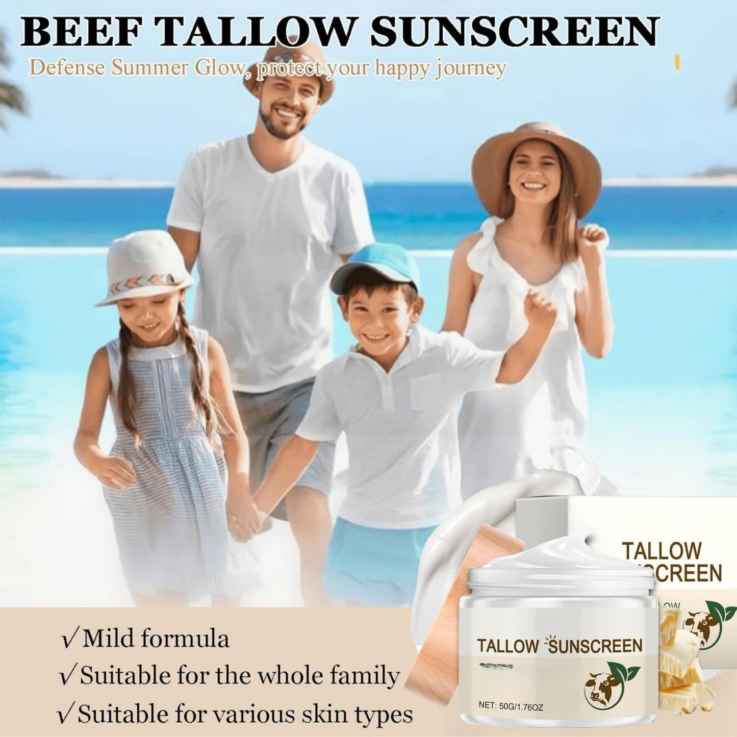 Yoowan Beef Tallow Sunscreen Spf 50,Beef Tallow Face Cream,Tall-Ow Sunscreen,Deeply Nourishing And Moisturizing,Rebuild The Natural Skin Barrier,Instant Sun Protection For Face & Body,Outdoor Daily Defence