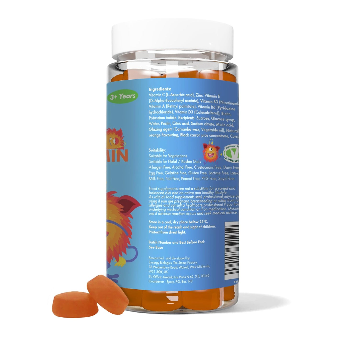 SynBio Kids Multivitamin Gummies | Daily Vitamins for Children Aged 3-12 | with Vitamin C, D, Zinc & More | Gelatin Free, Vegetarian, Halal & Kosher | 60 Tasty Orange Flavour Gummies
