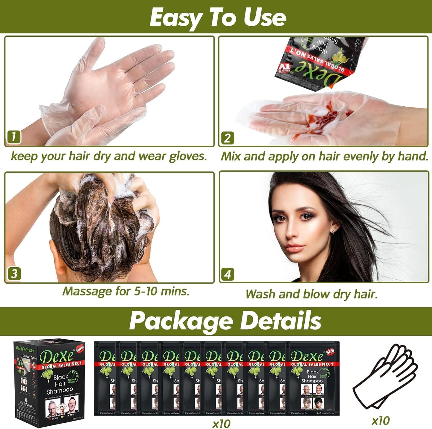 NATUREGURU Black Hair Shampoo Instant Black Natural Ingredients Hair Dye Shampoo Semi-Permanent Black Hair Color Easy to use Long lasting