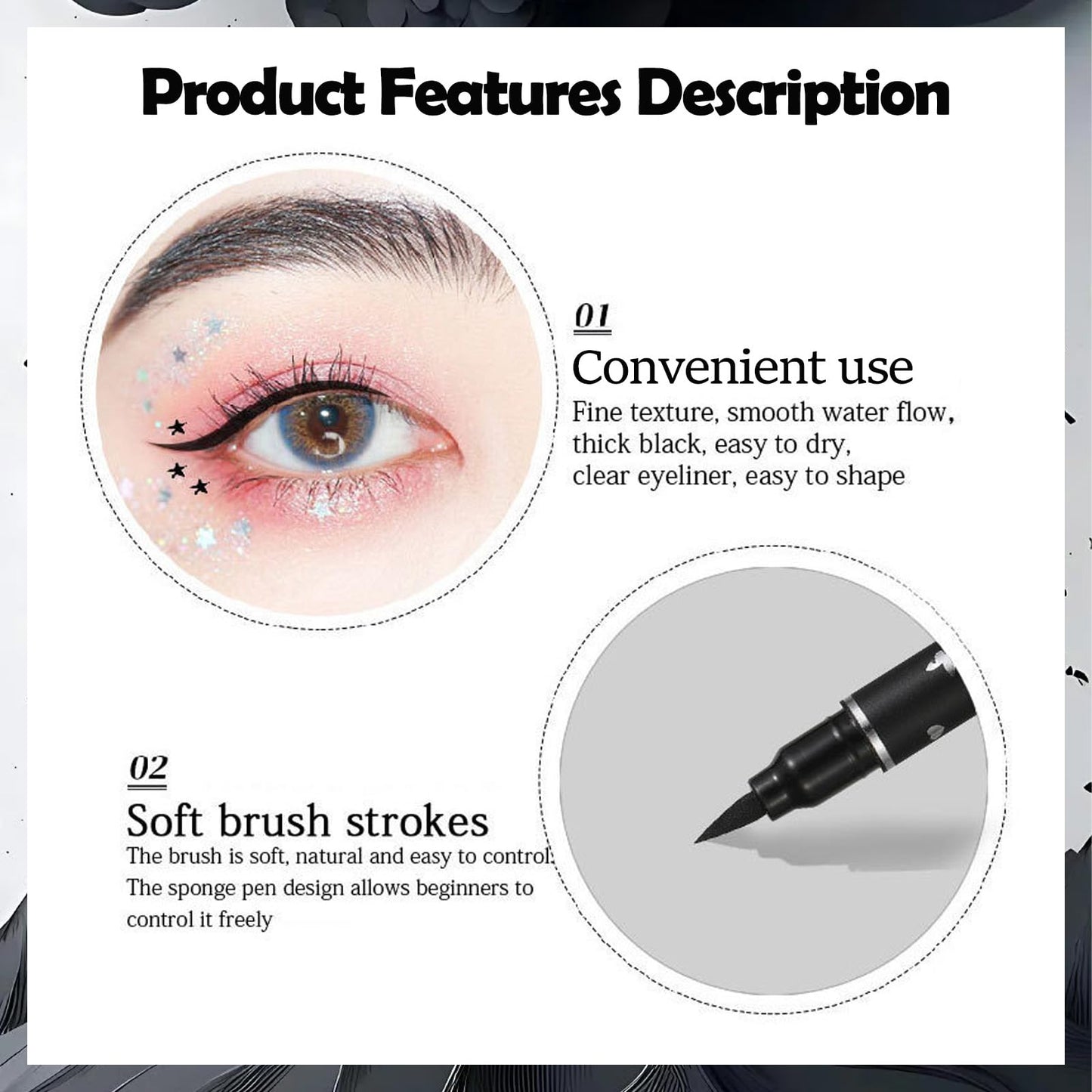 MINSHZEE Liquid Eyeliner, 5 Pcs Black Liquid Eyeliner Stamp Pen Set, Dual Tip Waterproof and Smudge-proof, Black Eyeliner Tattoo Makeup Tool, 5 Decorative Shapes (Heart, Flower, Star, Butterfly, Triangle Stamp