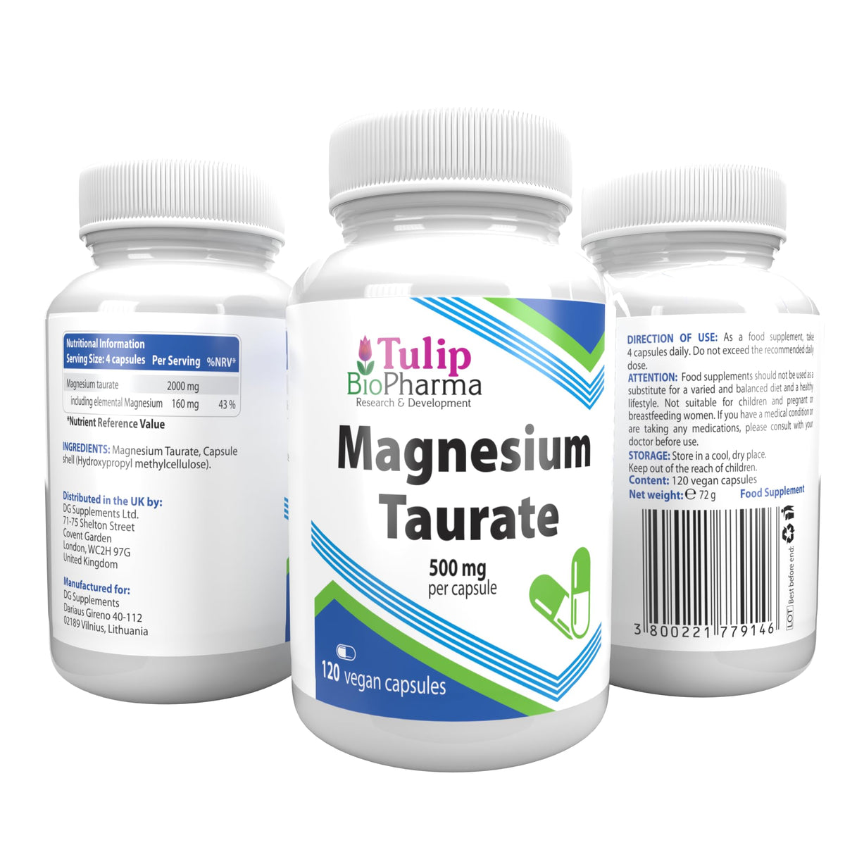 Tulip BioPharma Magnesium Taurate 2000mg Per Serving 120 Vegan Capsules, 3rd Party Lab Tested, No Fillers or Bulkers