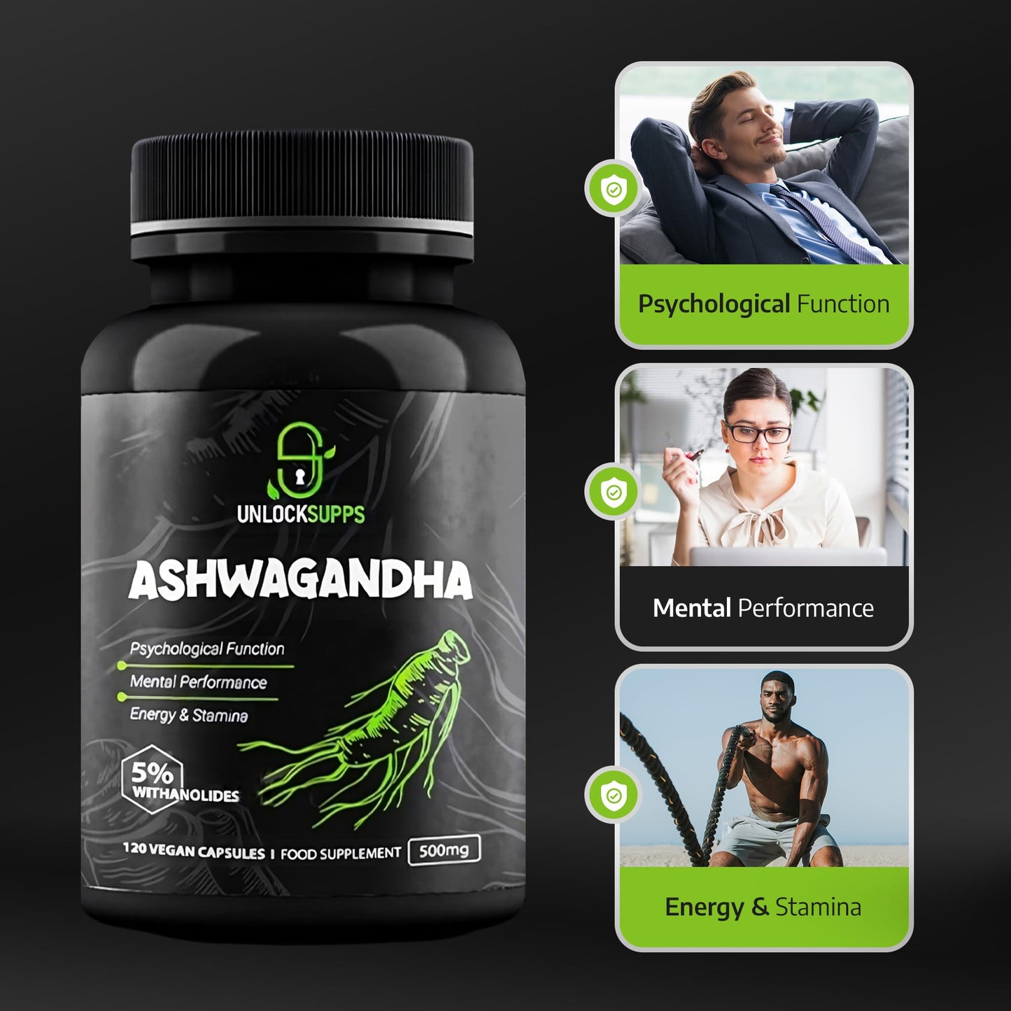 UNLOCKSUPPS UnlockSupps Ashwagandha 500mg - 120 Capsules | Relieve Stress & Boost Stamina | Ashwagandha Capsules with Pure Withania somnifera Root | No Preservatives, Gluten-Free