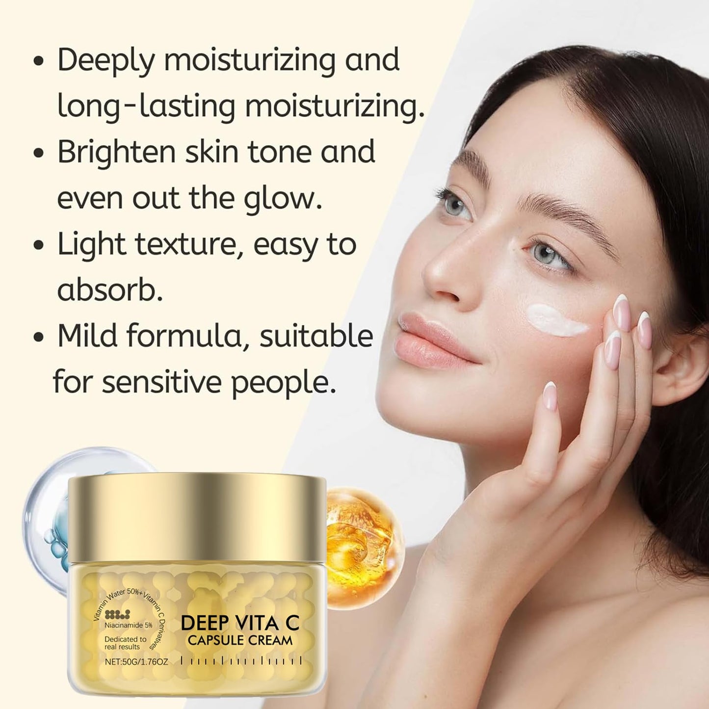 Deep Vita C Capsule Cream, Deep Vitamin C Golden Capsule Face Moisturizer, Vita C Golden Capsules Face Moisturizer with Collagen & 5% Niacinamide - Anti Wrinkles - Hydrating Skin Care (50G/1.76 OZ)