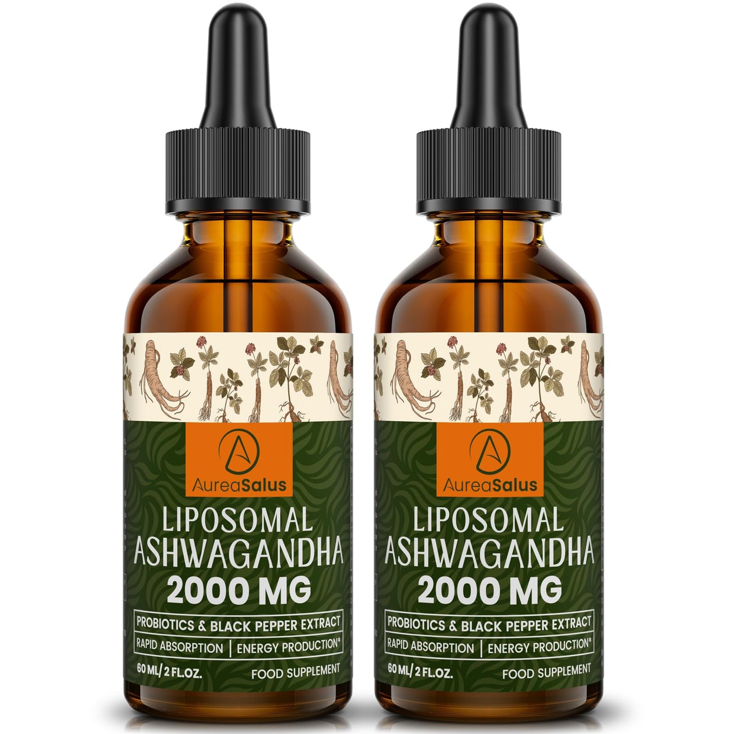 AureaSalus Liposomal Ashwagandha Drops 2000mg, Pure Natural Ashwagandha Extract, Enrich Probiotics & Black Pepper Extract, Stress Relieve Supplements, Increase Energy 60ML (60 ml (Pack of 2))
